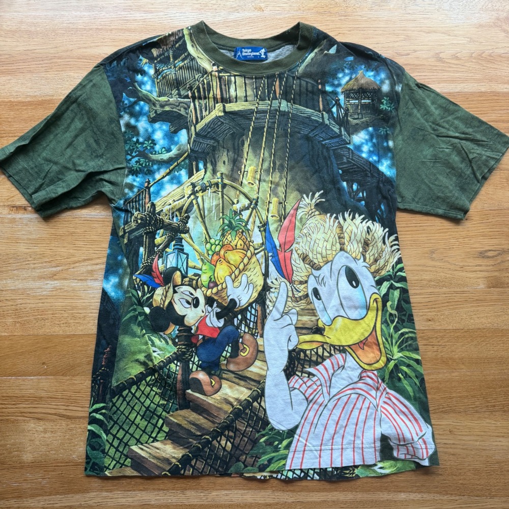 Vintage Tokyo Disneyland All Over Print T Shirt Mickey Donald Treehouse Green L